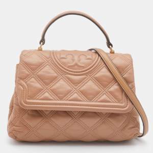 Pre Owned Tory Burch Beige Quilted Leather Fleming Soft Top Handle Bag