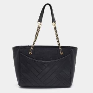 Pre Owned Tory Burch Black Quilted Leather Alexa Chain Tote