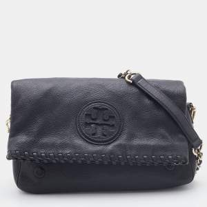 Tory Burch Black Gained Leather Whipstitch Fold Over Crossbody Bag