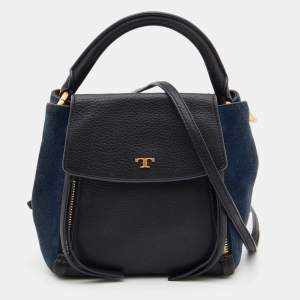Pre Owned Tory Burch Black/Blue Leather and Suede Balloon Stripe Half Moon Crossbody Bag                               