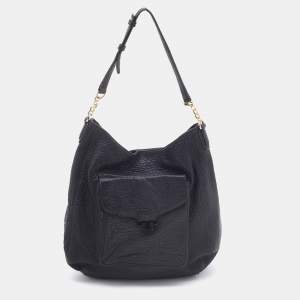 Pre Owned Tory Burch Black Pebbled Leather Front Pocket Hobo