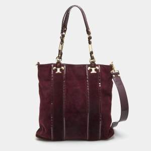 Pre Owned Tory Burch Burgundy Suede and Patent Leather Tote