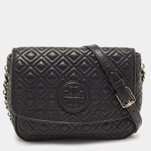Pre Owned Tory Burch Black Quilted Leather Marion Crossbody Bag
