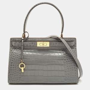 Pre Owned Tory Burch Grey Croc Embossed Leather Lee Radziwill Top Handle Bag
