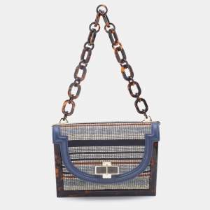 Pre Owned Tory Burch Multicolour Stripe Nylon and Leather Flap Chain Linked Shoulder Bag