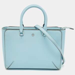 Pre Owned Tory Burch Sky Blue Leather Robinson Tote