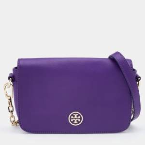 Pre Owned Tory Burch Purple Leather Mini Robinson Chain Shoulder Bag