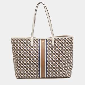 Pre Owned Tory Burch White/Multicolor Coated Canvas and Leather Geo Shopper Tote