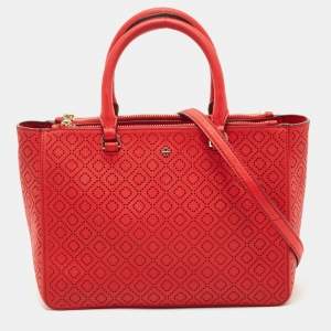 Pre Owned Tory Burch Red Perforated Leather Robinson Double Zip Tote