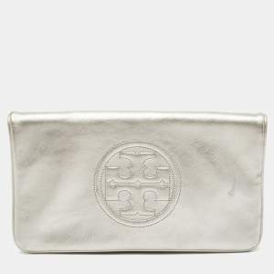 Pre Owned Tory Burch Metallic Silver Leather Reva Clutch