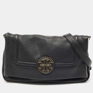 Pre Owned Tory Burch Black Leather Amanda Foldover Crossbody Bag