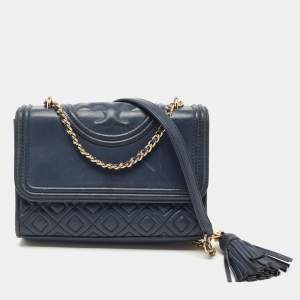 Pre Owned Tory Burch Navy Blue Leather Small Fleming Shoulder Bag