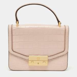 Pre Owned Tory Burch Pink Croc Embossed Leather Mini Juliette Top Handle Bag