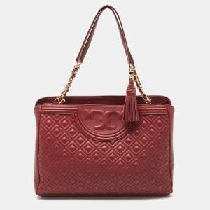 Pre Owned Tory Burch Dark Red Quilted Leather Fleming Chain Tote