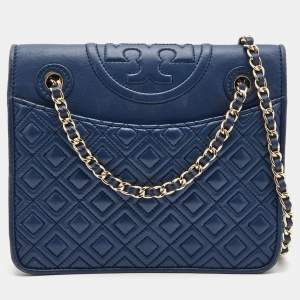 Pre Owned Tory Burch Blue Leather Medium Fleming Shoulder Bag