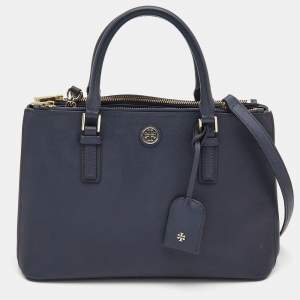 Pre Owned  Tory Burch Navy Blue Saffiano Leather Robinson Double Zip Tote