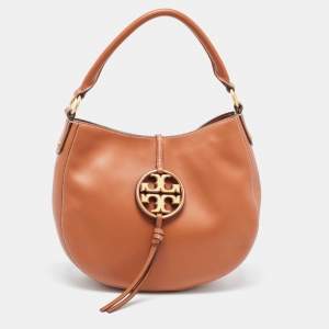 Tory Burch Brown Leather Miller Metal-Logo Mini Hobo