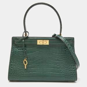 Tory Burch Green Croc Embossed Leather Lee Radziwill Top Handle Bag
