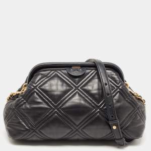 Pre Owned Tory Burch Black Quilted Leather Fleming Soft Frame Bag