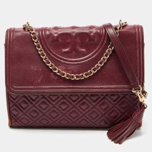 Pre Owned Tory Burch Burgundy Leather Large Fleming Shoulder Bag