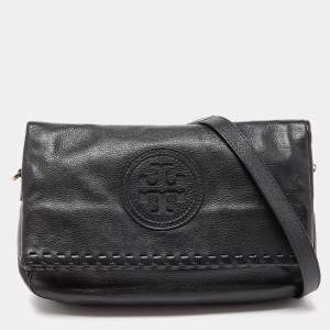 Pre Owned Tory Burch Black Leather Whipstitch Fold Over Crossbody Bag