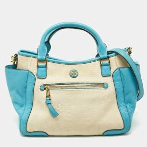 Pre Owned Tory Burch Beige/Blue Canvas and Leather Double Pocket Bag