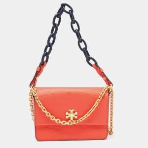 Pre Owned Tory Burch Coral Red Leather Mini Kira Shoulder Bag