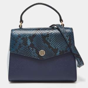 Tory Burch Blue Python Effect and Leather Robinson Flap Top Handle Bag