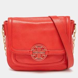 Pre Owned Tory Burch Orange Leather Amanda Round Crossbody Bag