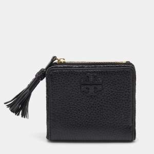 Pre Owned Tory Burch Black Leather Tassel Zip Bifold Wallet