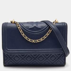 Pre Owned Tory Burch Navy Blue Leather Small Fleming Shoulder Bag