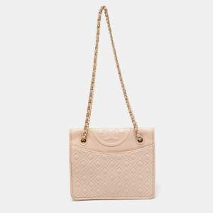 Pre Owned Tory Burch Light Pink Leather Medium Fleming Shoulder Bag