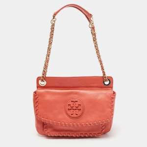 Pre Owned Tory Burch Peach Leather Marion Shoulder Bag