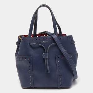 Tory Burch Dark Blue Brogue Leather Mini Block-T Bucket Bag