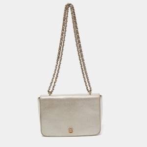 Pre Owned Tory Burch Silver Saffiano Leather Robinson Flap Shoulder Bag 
