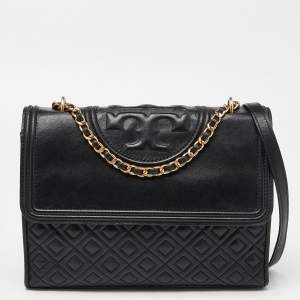 Pre Owned Tory Burch Black Leather Large Fleming Shoulder Bag
