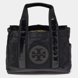 Pre Owned Tory Burch Black Nylon and Leather Ella Tote