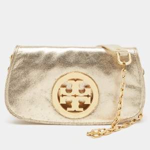 Pre Owned Tory Burch Gold Laminated Leather Reva Logo Crossbody Bag