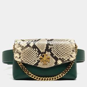 Tory Burch Green/Off-White Python Print Leather And Leather Kira Belt Bag
