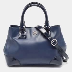 Pre Owned Tory Burch Blue Patent And Leather Robinson Middy Satchel