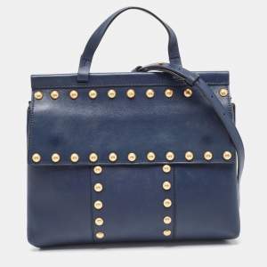 Tory Burch Navy Blue Leather Block-T Studded Top Handle Bag