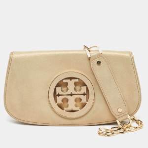 Pre Owned Tory Burch Beige Shimmer Nubuck Leather Miller Clutch Bag
