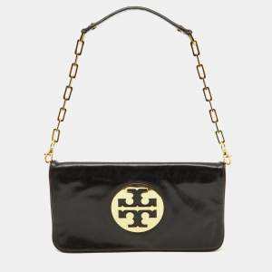 Tory Burch Black Leather Reva Logo Shoulder Bag 