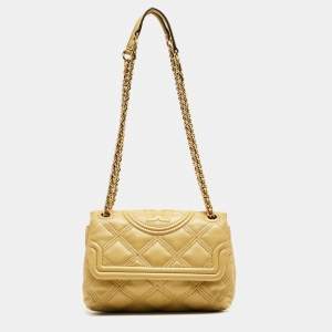 Pre Owned Tory Burch Yellow Quilted Leather Small Fleming Shoulder Bag