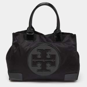 Pre Owned Tory Burch Black Patent Leather and Nylon Large Ella Tote