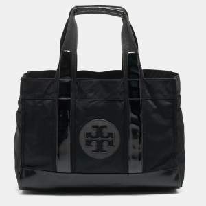 Pre Owned Tory Burch Black Patent Leather and Nylon Large Ella Tote