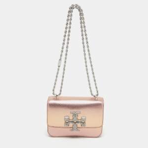 Pre Owned Tory Burch Rose Gold Snake Effect Suede Small Eleanor Shoulder Bag