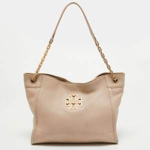 Pre Owned Tory Burch Light Pink Leather Small Britten Slouchy Tote