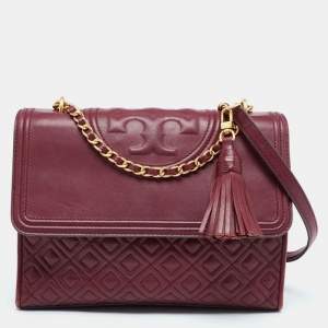 Pre Owned Tory Burch Burgundy Leather Fleming Shoulder Bag