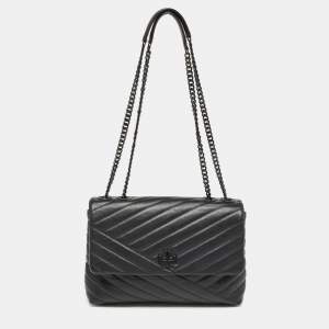 Pre Owned Tory Burch Black Chevron Leather Kira Convertible Shoulder Bag